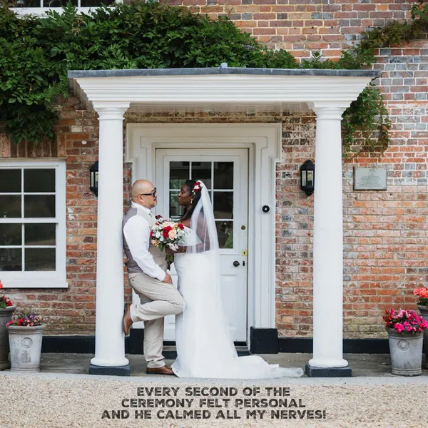 Jake Smith was the marriage celebrant for Elizabeth & Edward at Syrencot House, Figheldean, Salisbury, United Kingdom, and they gave him a five star rating for his wedding celebrant services.